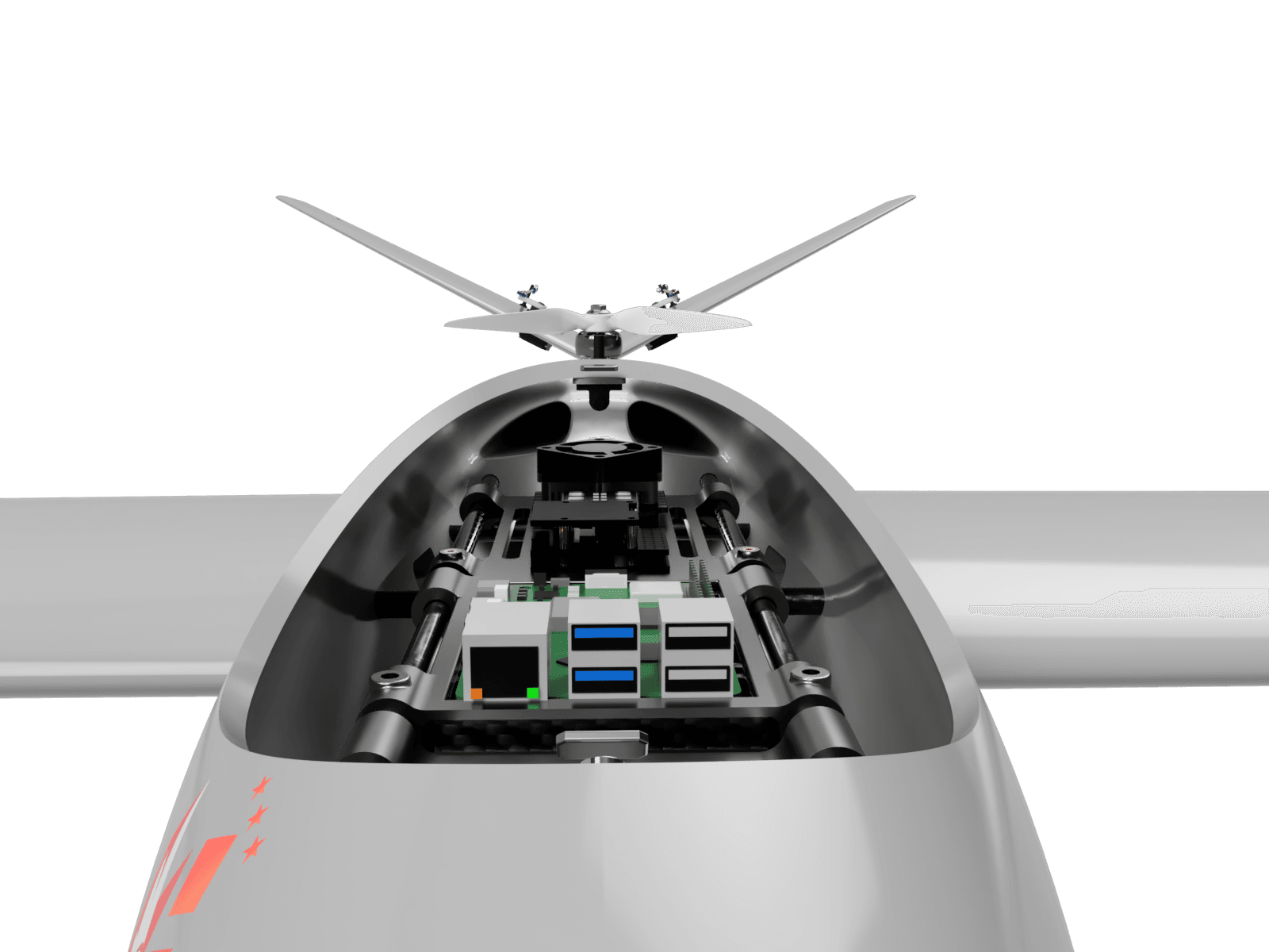 Internal electronics bay of the 3D printed VTOL aircraft