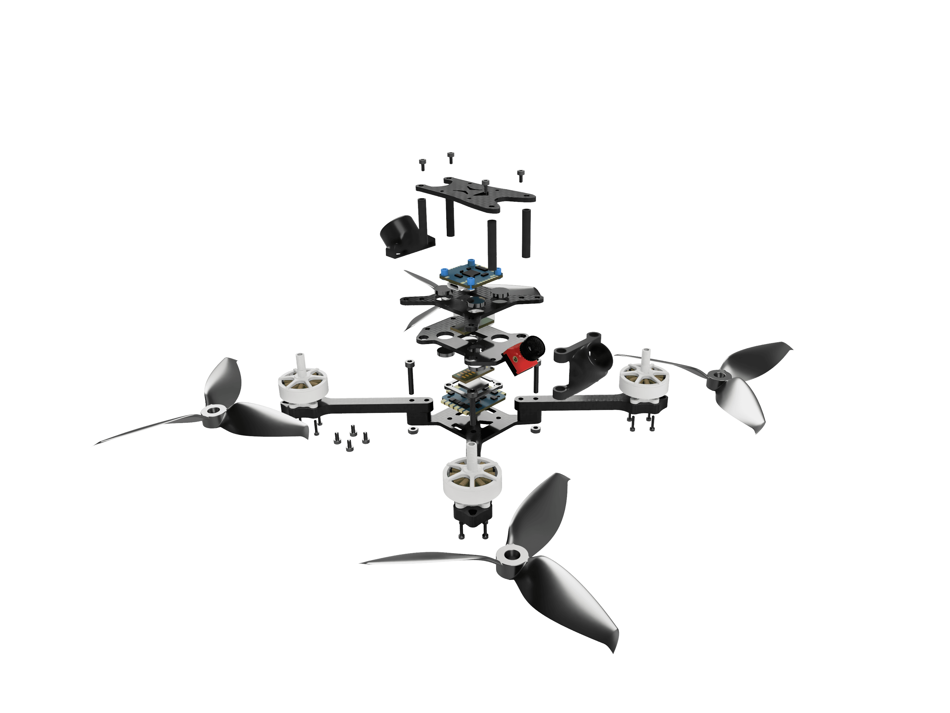 Exploded CAD render of the Snap modular drone